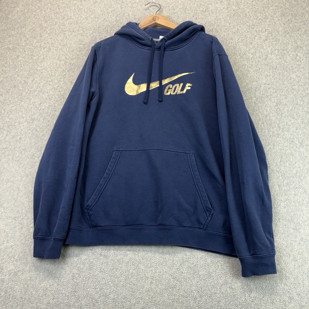 Nike Golf Men's Large Navy Blue Pullover Hoodie Gold Swoosh Logo Sweatshirt